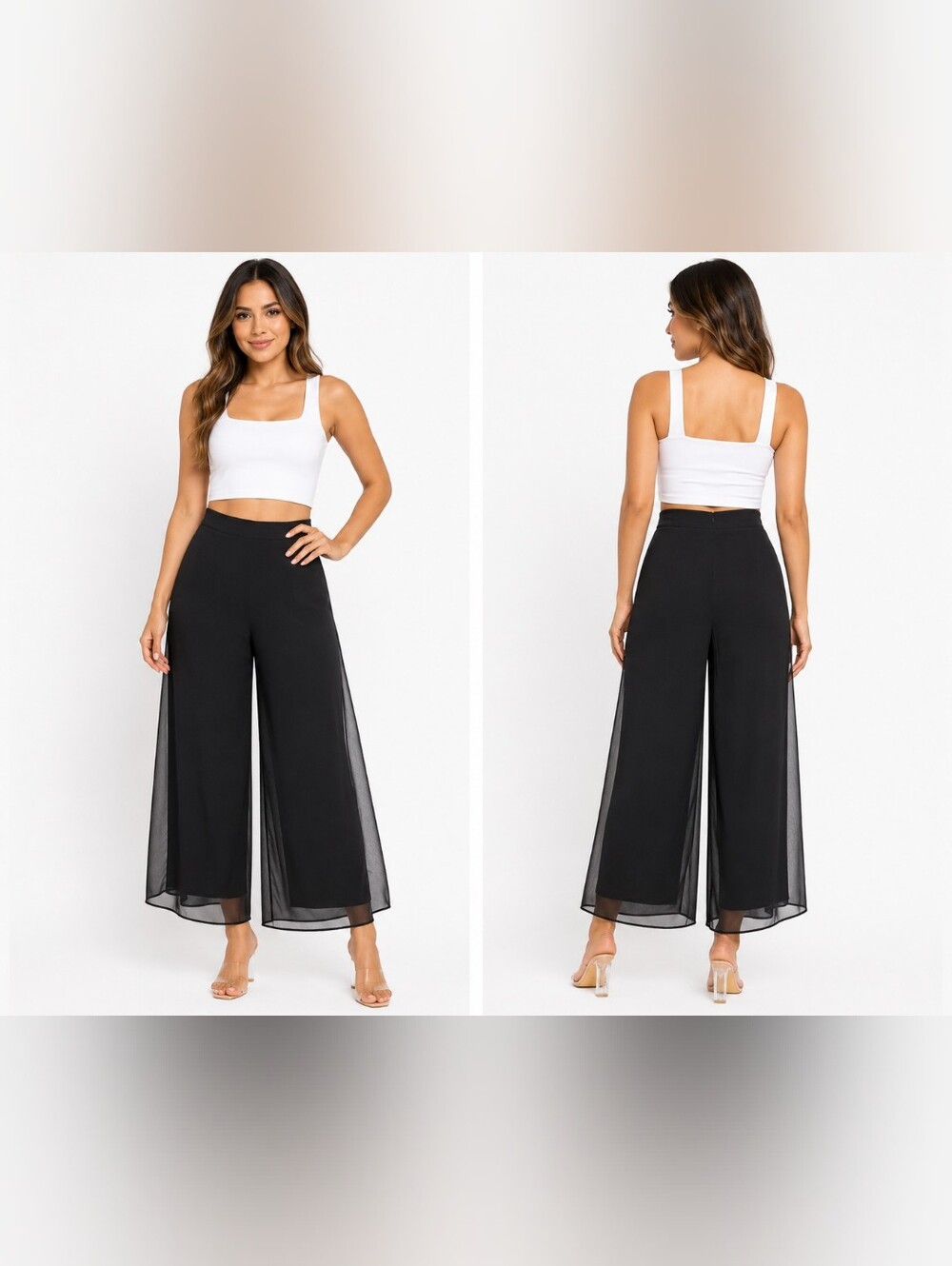 Black Wide-Leg Sheer Overlay Pants by